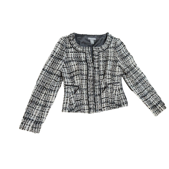 Ann Taylor Tweed Jacket Ladylike Brown Blue Retro Glam sz‎ 2 Collarless Cropped - Picture 2 of 7